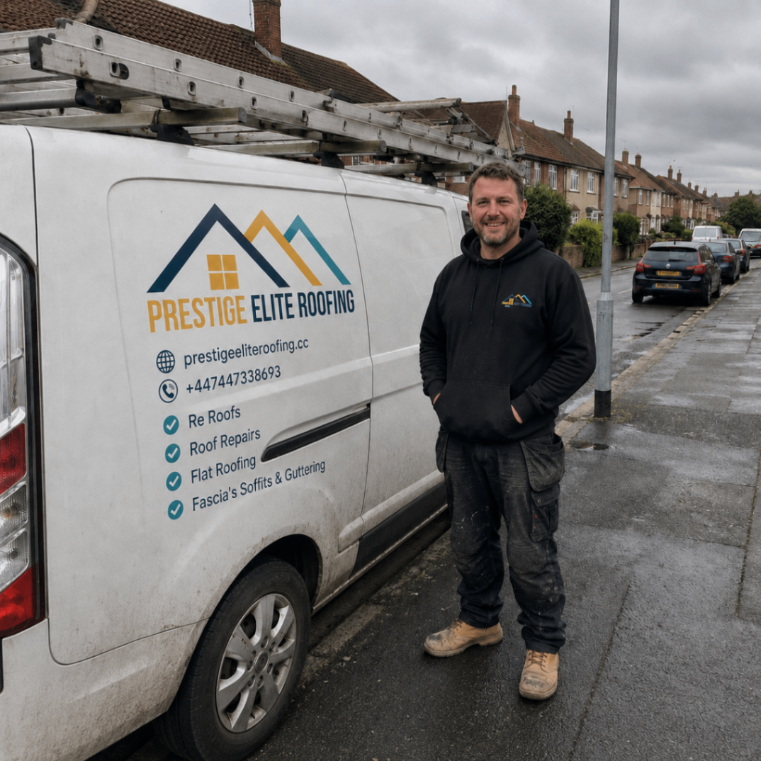 Eddie, owner of Prestige Elite Roofing, standing beside the company van